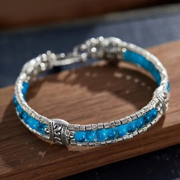 Boho-Chic Blue & Bead Feather Pendant Bracelet - Vintage Ethnic Style - Picture 2 of 3